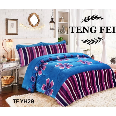 Aladdins Shop - Cobertor De Invierno De Plush Y Chiporro 2 Plazas Azul Flores Tf29