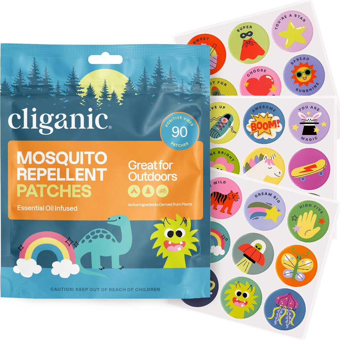 Pegatinas Repelentes De Mosquitos Cliganic Positive Vibes Kids, Paquete De 90