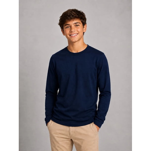 Polera De Niño Manga Larga Basica 100%algodon Cuello Redondo Azul Marino 10 Lisa