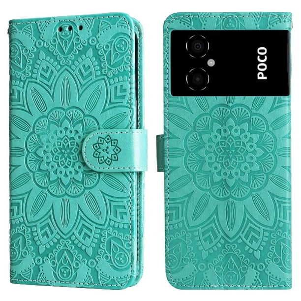 Funda tipo cartera FOXDOCK para Xiaomi Poco M5 4G , diseño girasol en relieve, cuero PU, cierre magnético, soporte y tarjetero