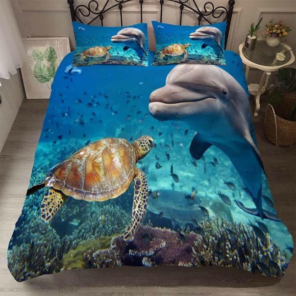 Whale Turtle Soothing Quilt Duvet Cover Set Children Bedspread Double3-Piece Bedding Set