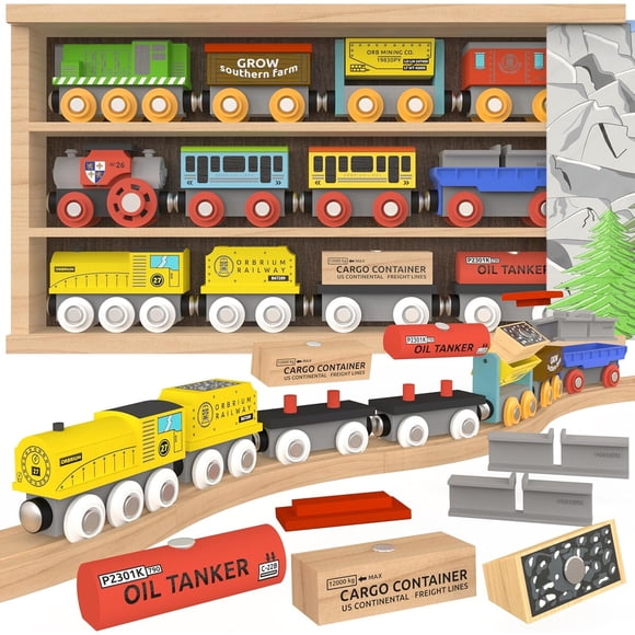 Set de tren de madera de 12 piezas con vagones magnéticos y caja de almacenamiento, tamaño S