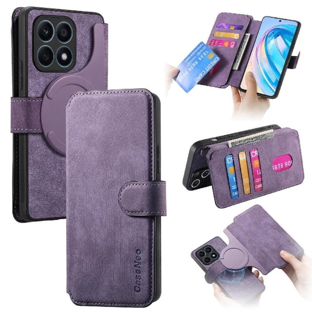 Funda Billetera Magnética para Honor X8A Soporte Tarjetas Desmontable Morado