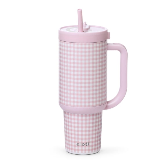 Vaso Ello Oasis de 30 onzas, aislante a prueba de fugas, rosa, a cuadros