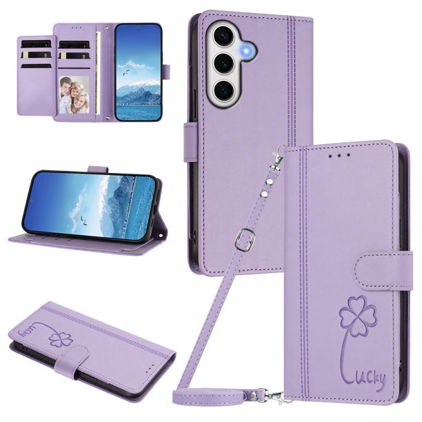 Funda Cartera Trébol para Samsung Galaxy S24 FE con Ranuras Tarjetas y Carga Inalámbrica Morado claro
