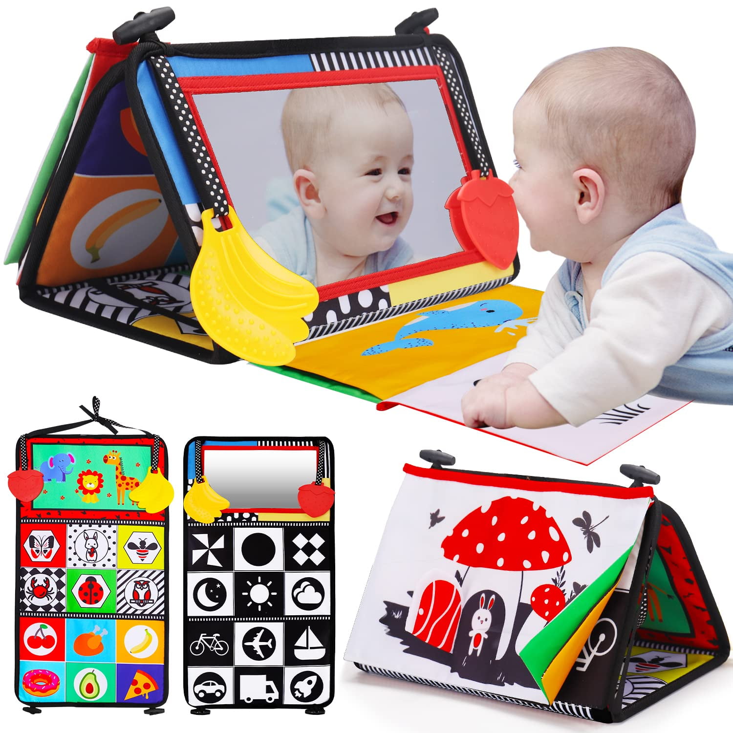 Thremhoo - Tummy Time Baby Mirror, Juguete Infantil, Con Libro Y Mordedor