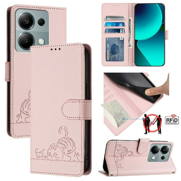 Funda tipo cartera FOXDOCK para Xiaomi POCO M6 PRO 4G con soporte, ranuras, RFID, diseño de gato