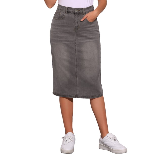 INSPIRE CHIC Falda Midi de Mezclilla de Cintura Alta para Mujer Falda de Jean Elástica con Abertura Trasera y Bolsillos Gris XL