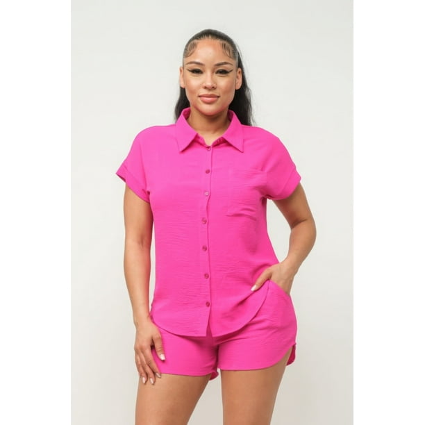 Saronite Conjunto de Camiseta Holgada de Manga Corta con Bolsillos y Botones y Shorts con Cintura Elástica y Bolsillos Laterales, Rosa (para Mujer)