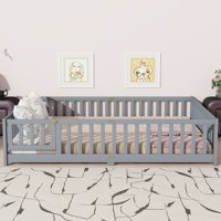 M&Ms - Queen Size Floor Bed With Fence,Door,Rubber Wood Floor Bed With Safety Guardrails,Grey