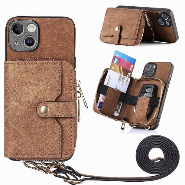 Funda Tipo Cartera con Correa Cruzada para iPhone 15 Protección Contra Golpes Marrón