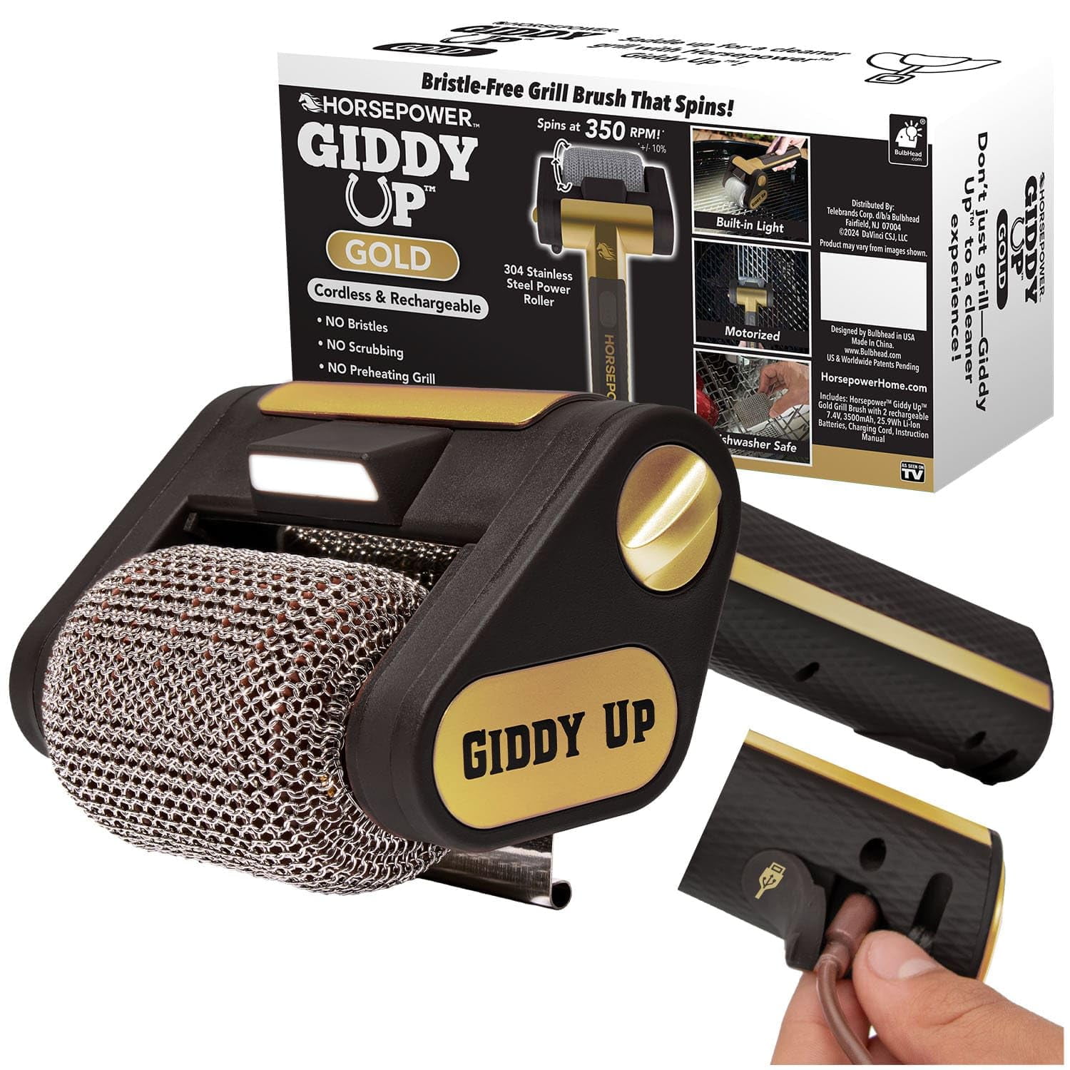 Cepillo Para Parrilla Horsepower Giddy Up Gold Sin Cerdas Con Led