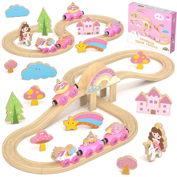 Hot Bee Pink Wooden Train Set, Girls Birthday Gift Unicorn T