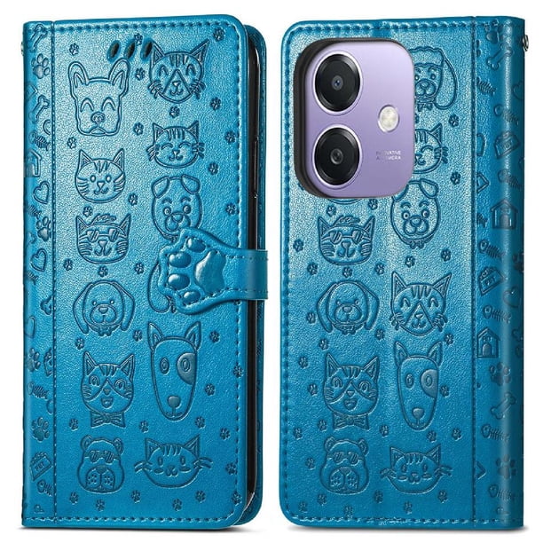 Funda Cartera FOXDOCK para OPPO A60 5G , Flip PU con Relieve de Gatos y Perros, Tarjetero y Soporte