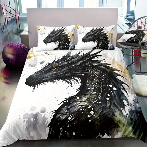 Three-Piec-e Set Beddi-ng Set Myst-erious Dra-gon Beddi-ng Suit with Pringting -Soft and Com-fortab-le Q-uilt- Cover -Suitable- for Bedroom and Gue-st Room