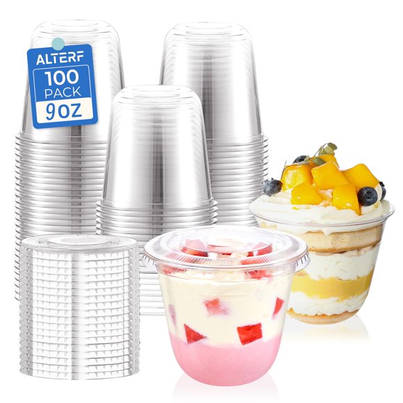 Vasos de postre Alterf 255 ml, paquete de 100 con tapas