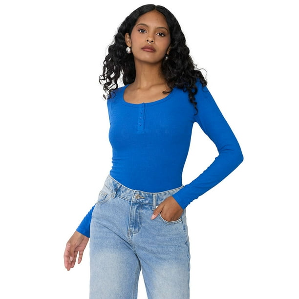 Body Mujer Manga Larga Botones Azul Corona