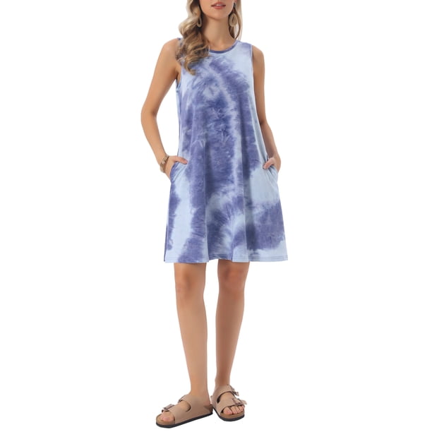 INSPIRE CHIC Vestidos de Verano para Mujeres Vestido de Tanque para Regreso a Clases Vestido Casual de Playa sin Mangas Suelto con Bolsillos L Tie Dye Azul Oscuro
