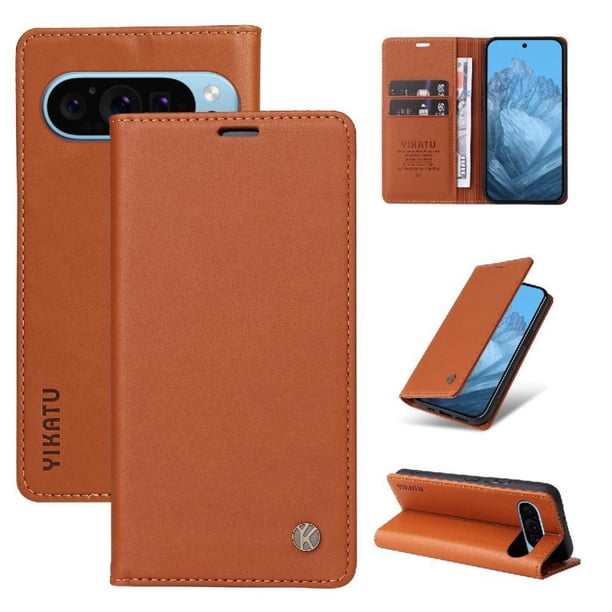 Funda Billetera de Cuero para Google Pixel 9 5G con Tarjetero y Soporte - Tapa Magnética Marrón