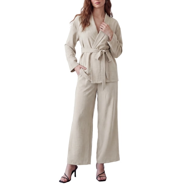 INSPIRE CHIC Conjunto de 2 Piezas para Mujer, Top con Cuello, Manga Larga, Escote en V y Lazo Frontal, Pantalón de Pierna Ancha, Talla Grande, Albaricoque