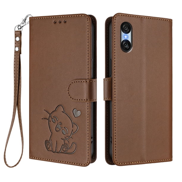 Funda Volteable con Diseño de Gato para Sony Xperia 10 VI, Marrón