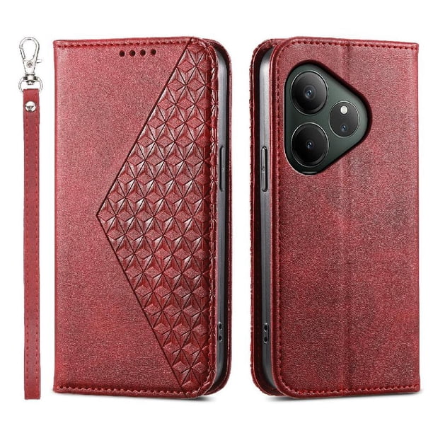 Funda Flip FOXDOCK para Realme GT 6 , Estilo Billetera con Diseño Rombo, Correa de Mano y Soporte, Uso Diario