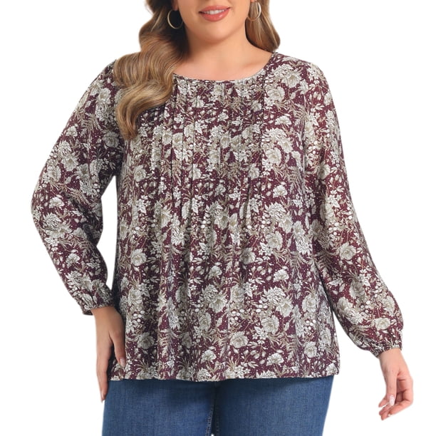 GRACIA Y GRANDEZA Mujeres Tallas Grandes Tops de Vacaciones Estampado Floral con Pliegues en el Frente Cuello Redondo Mangas de Linterna Blusas Modernas 4X Burdeos Profundo