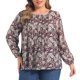 thumbnail image 1 of GRACIA Y GRANDEZA Mujeres Tallas Grandes Tops de Vacaciones Estampado Floral con Pliegues en el Frente Cuello Redondo Mangas de Linterna Blusas Modernas 4X Burdeos Profundo, 1 of 7