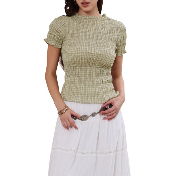 INSPIRE CHIC Top con Nido de Abeja para Mujeres Y2K Cuadros Manga Corta Cuello Redondo Volantes Fruncidos Camiseta L Gris Verde