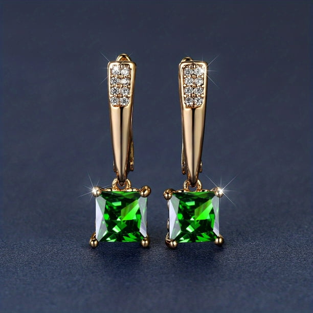 Square Cut Black Stone Emerald Earrings 18K Gold Plated Ornament For Women Daily Decor Jewelry