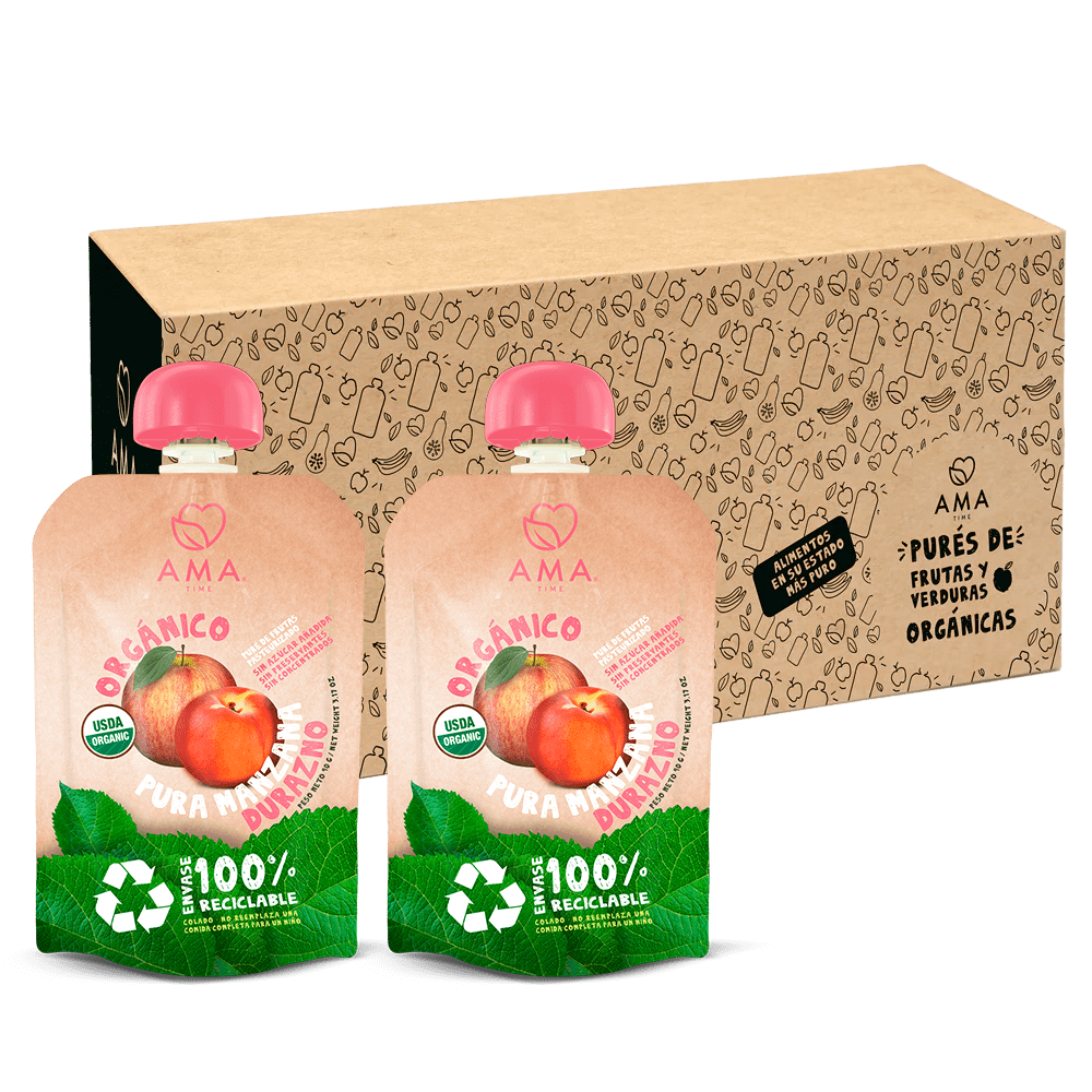 Ama Time - Pack 32 Unid - Puré Manzana Durazno Reciclable 90 Grs