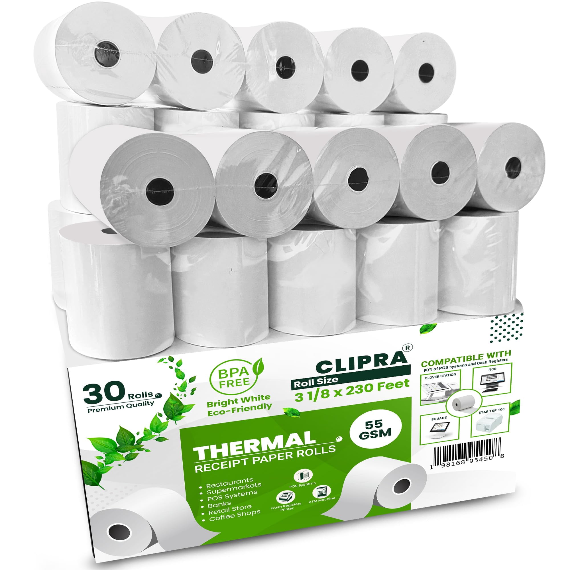 Rollos De Papel Térmico Clipra 8 Cm X 70 M, Paquete De 30, Libre De Bpa