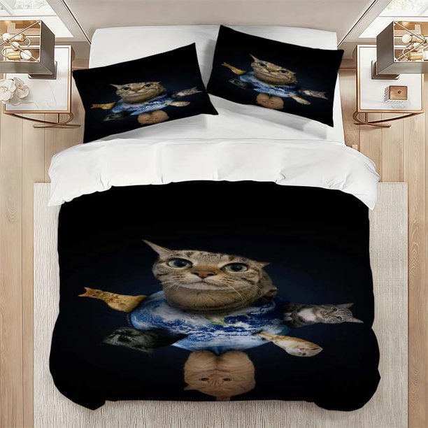 Cat Meme Planet Themed Bedding Set Including Duvet Cover And Pillowcases. Soft And Comfortable