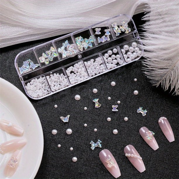 Flower Nail Art Charms 60pcs Nail Glitter Decals Decoration 3D Nail White Flower Mixed Design Acrylic Nail Stud Jewelry Salon Nail Accessories Supplies For Women DIY Manicures Tips