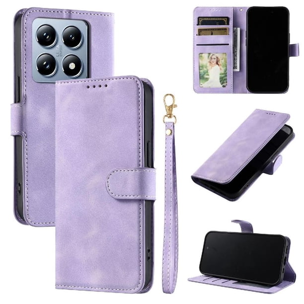 Funda Cartera para Xiaomi 14T Tapa con Ranuras, Soporte y Correa Morado