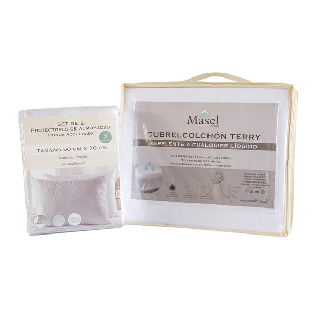 Set Cubre colchón impermeable1.5 pl y 2 Fundas Protectores de Almohadas 50x70 / Blanco / Blanco / 1,5 plazas