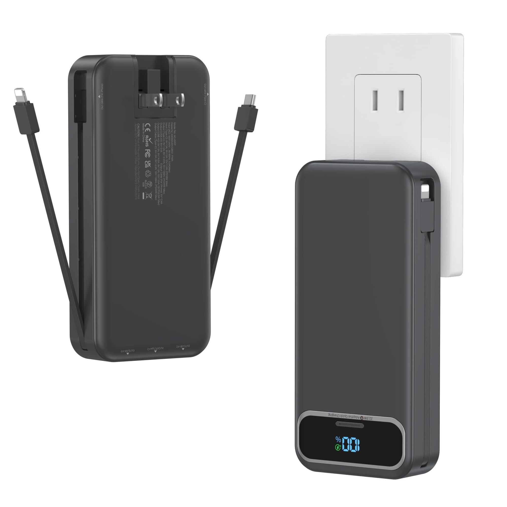 Power Bank Aonidi 20000 Mah Ligero Con Cables Integrados