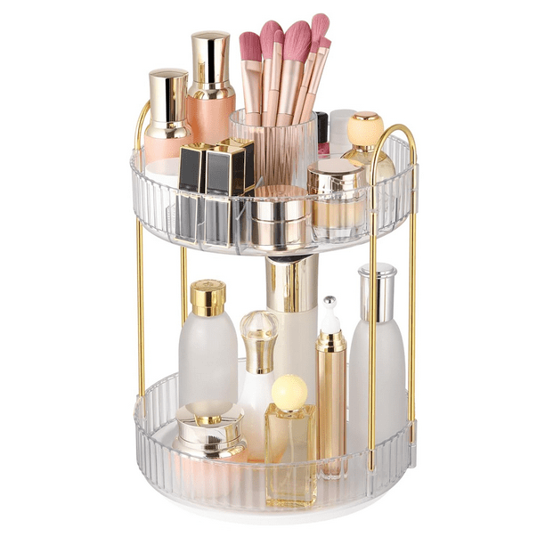Organizador de maquillaje giratorio de 360°, organizador de tocador de baño de alta capacidad, almacenamiento giratorio de 2 niveles para el cuidado de la piel.