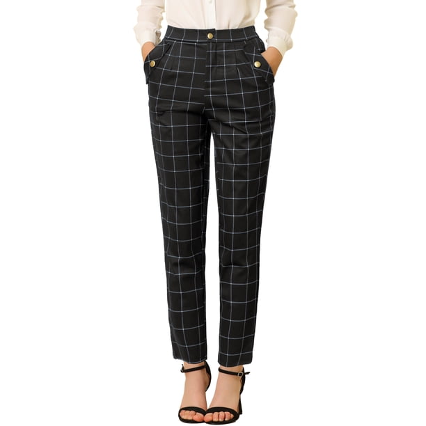 INSPIRE CHIC Pantalones de Tartán a Cuadros para Mujer de Regreso a Clases, Cintura Alta Elástica, Rectos y Largos, Talla M, Negro