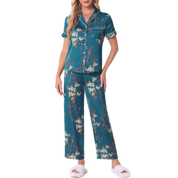 INSPIRE CHIC Conjunto de Pijama de Satén para Mujeres Regreso a Clases, Top de Manga Corta de Seda Floral y Pantalones 2 Piezas Pijamas S Azul Brillante