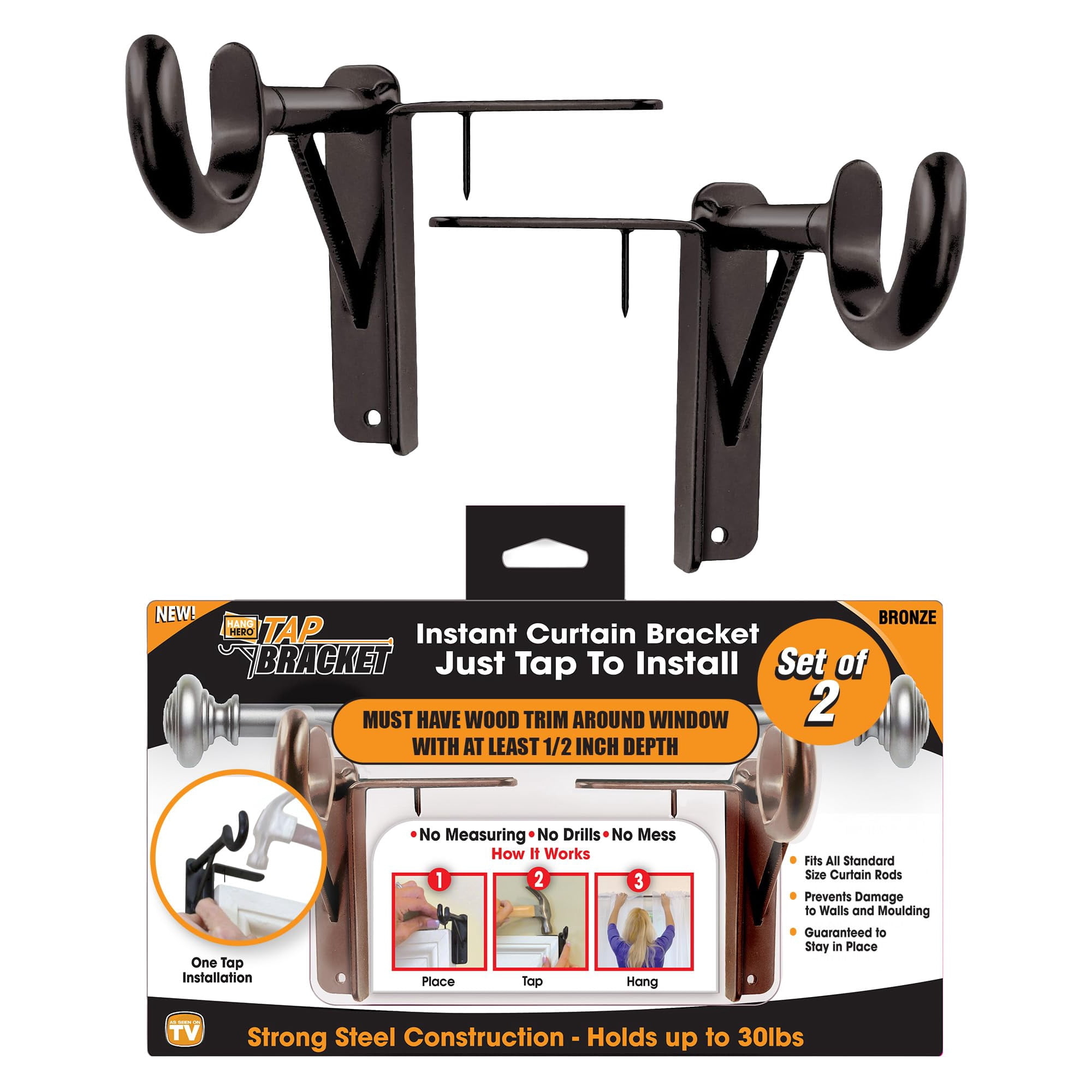 Soporte Para Barra De Cortina Spark Innovators Tap No Drill, Bronce, Paquete De 2