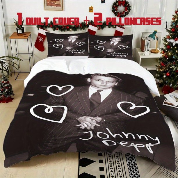 3pcs JOHNNY DEPP Black And White Photo Bedding Set Featuring a Soft Duvet Cover And Two Pillowcases