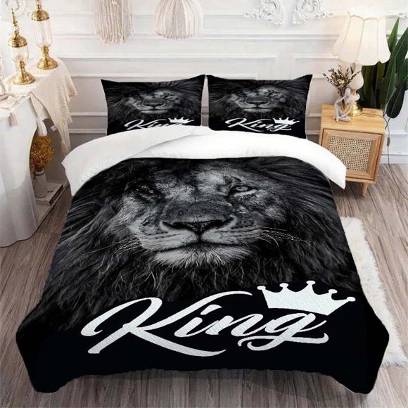 3pcs Majestic Lion Black and White Print Bedding Set Soft Duvet Cover + 2 Pillowcases with Lush Mane Theme for All Seasons \u2013 Ideal Gift Choice for Family & Friends on Holidays or Parties