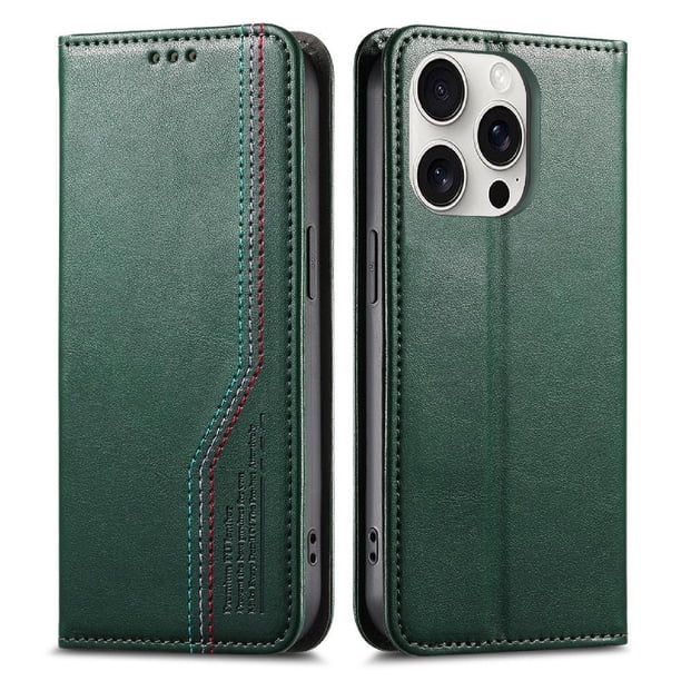 Funda tipo cartera para iPhone 16 Pro de piel con cierre magnético, ranuras para tarjetas y correa para la muñeca Verde