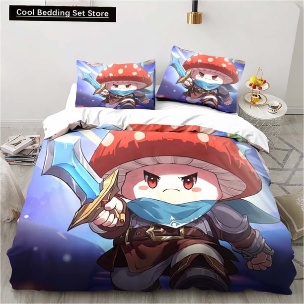 x1958 Bed Sheets Anime Game Legend of Mushroom Pattern Duvet Cover Sets Comforter Bed Linen Gift Twin Size Romantic Home Gift 3-Piece Bedding Set (1 Duvet Cover + 2 Pillow Shams) nj1958