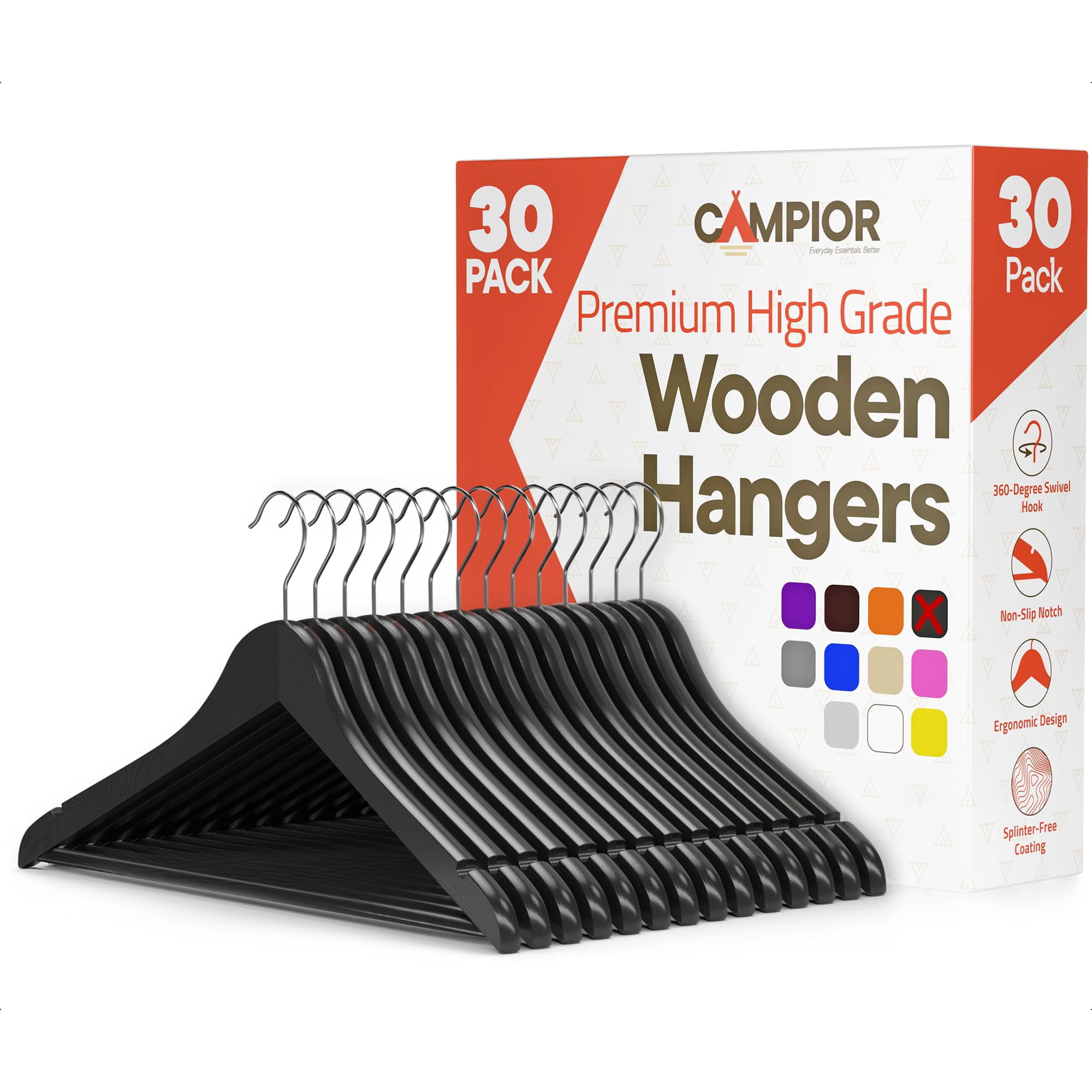 Perchas De Madera Campior, Paquete De 30, Resistentes, Negras