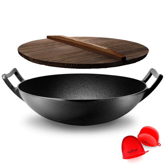 Wok Nutrichef de hierro fundido presazonado de 5,8 litros con tapa