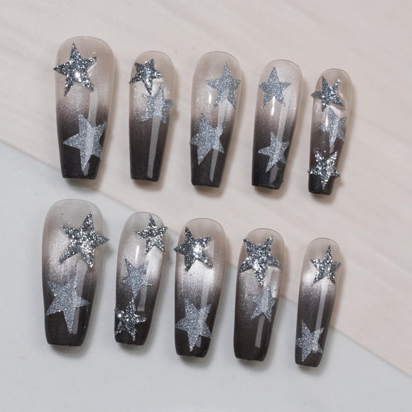 Uñas tipo press‑on Sun&Beam Nails Gris Negro con Estrellas (#263 L)
