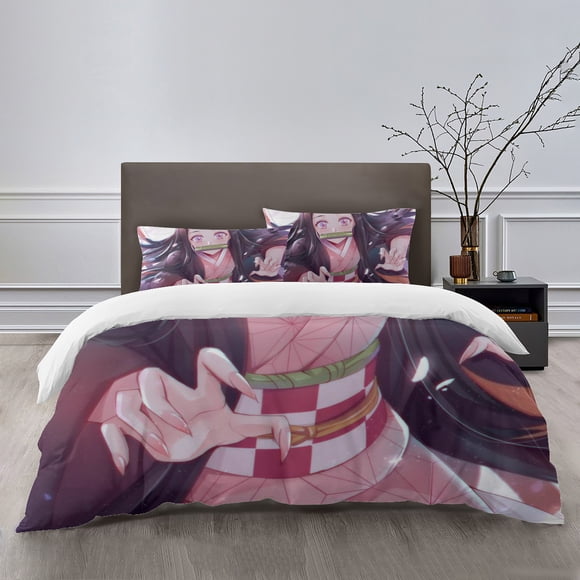 Nezuko Bedding Sets Bed Cartoon Duvet Cover Lightweight 3 Piece Bet Sets for Kids Boys Girls