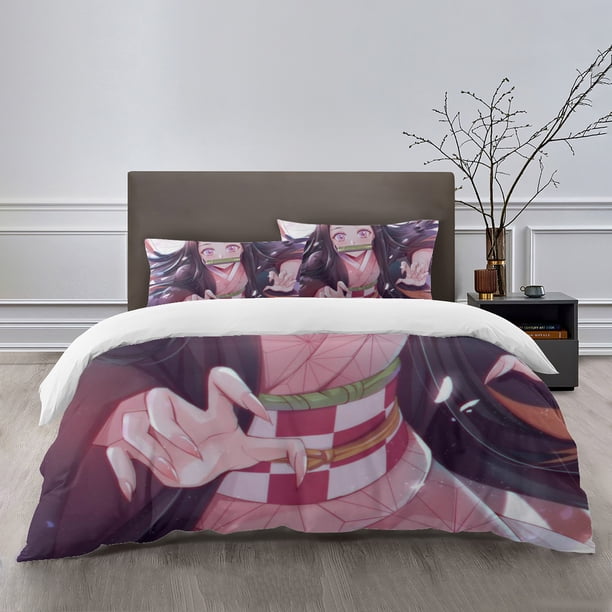 Nezuko Bedding Sets Bed Cartoon Duvet Cover Lightweight 3 Piece Bet Sets for Kids Boys Girls
